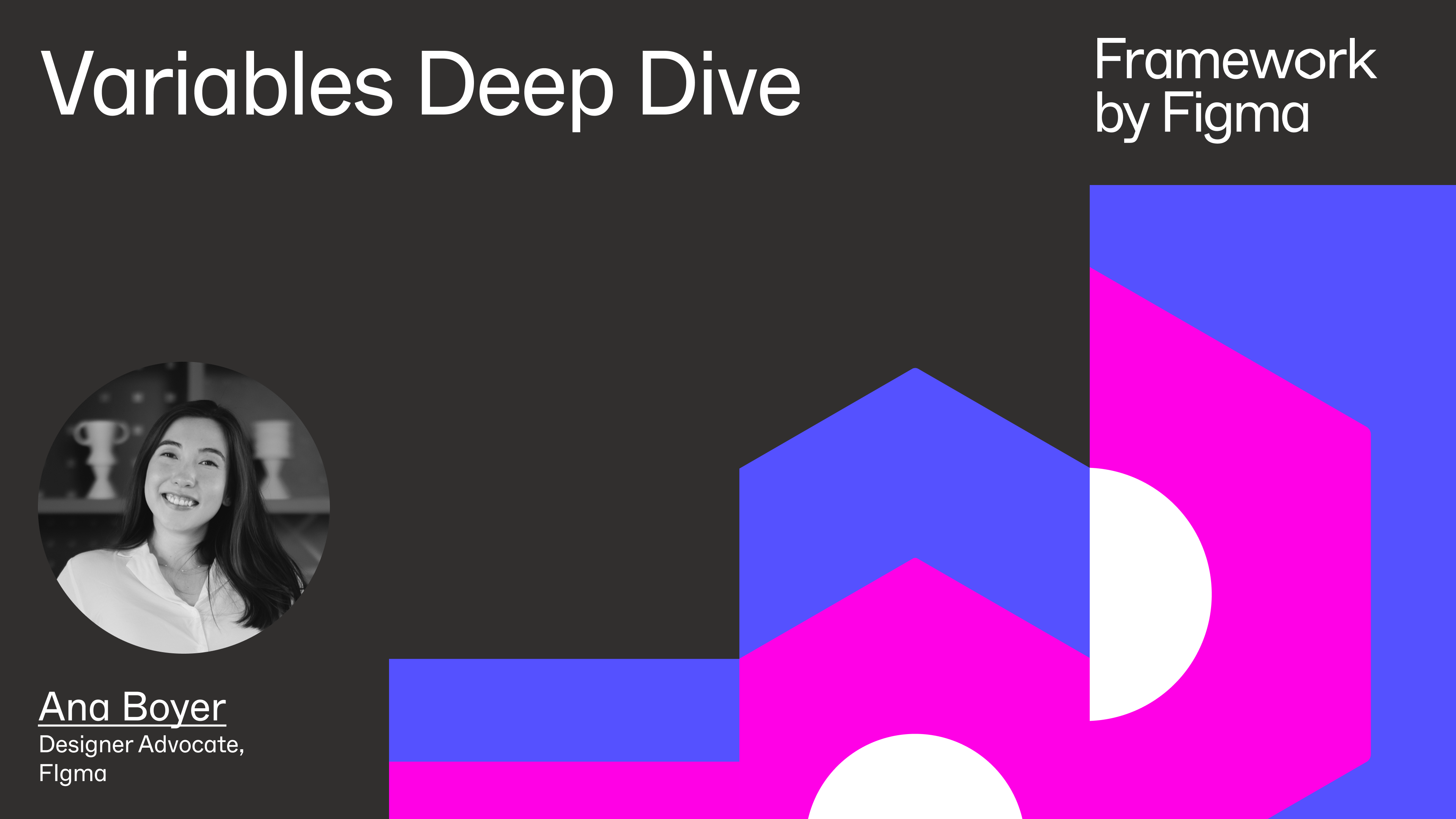A title card with "Variables Deep Dive" text, showcasing a portrait and name of Ana Boyer, Designer Advocate at Figma.