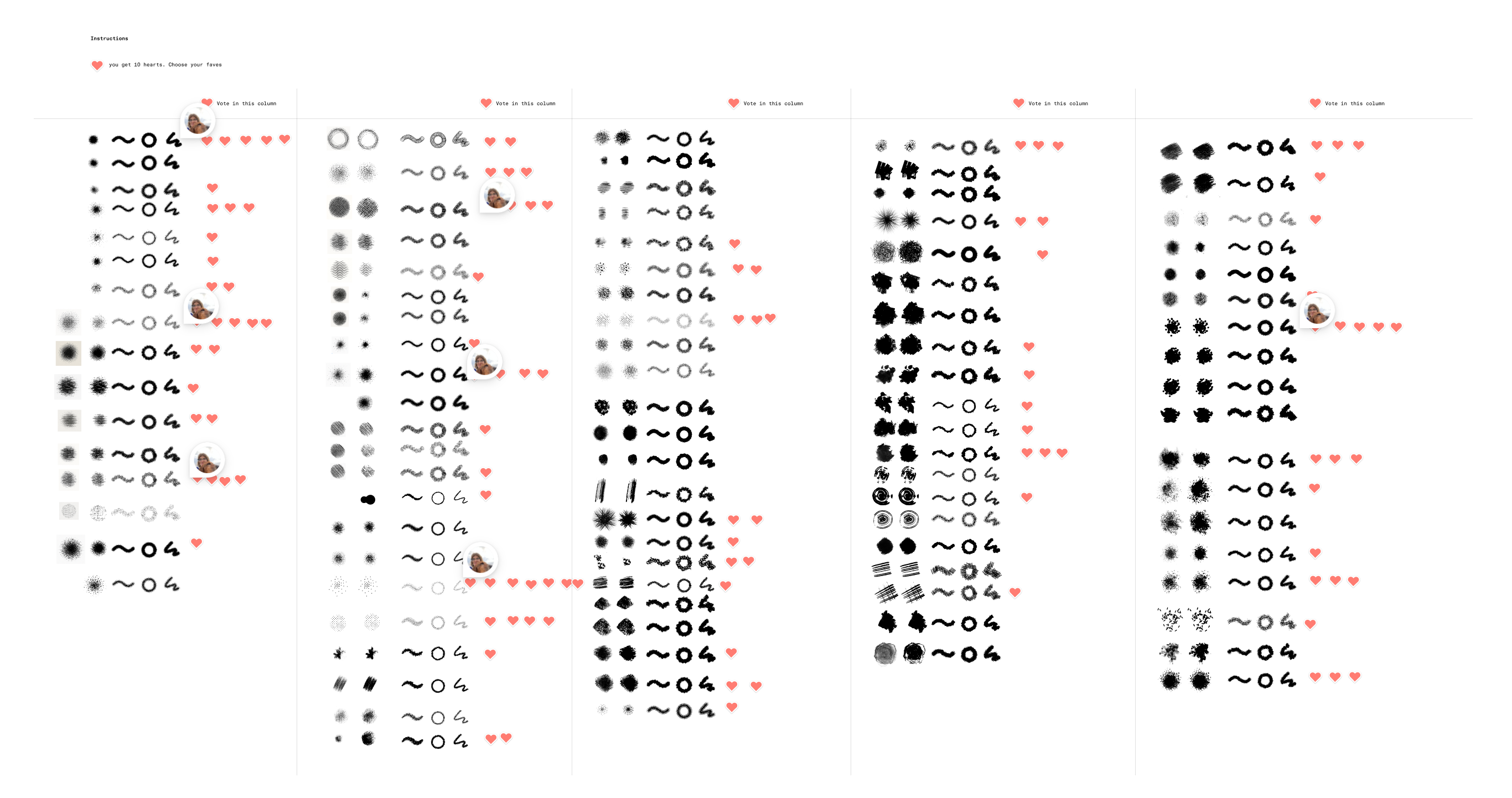 コラボレーターによってハートがスタンプされた、さまざまな線の列