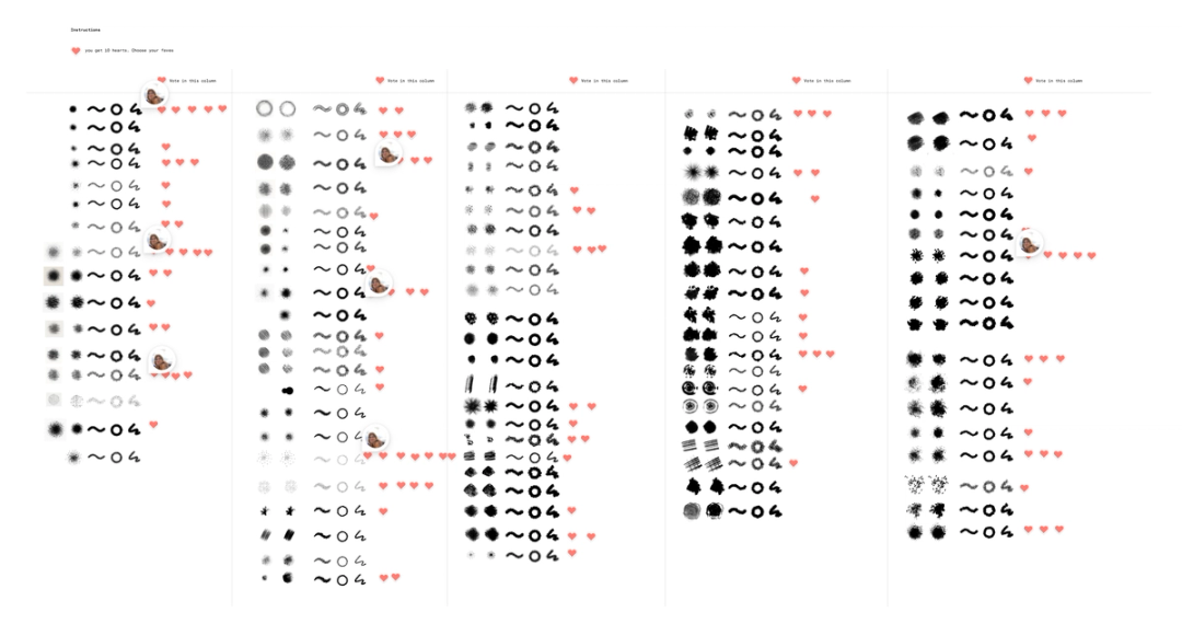 Spalten mit unterschiedlichen Pinselstrichen und Herzen, die von Mitarbeiter*innen gestempelt wurden