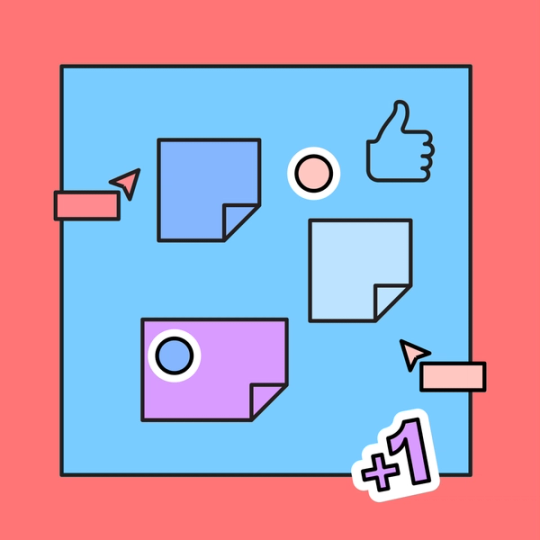 blue document with colorful sticky notes and icons overlayed on top