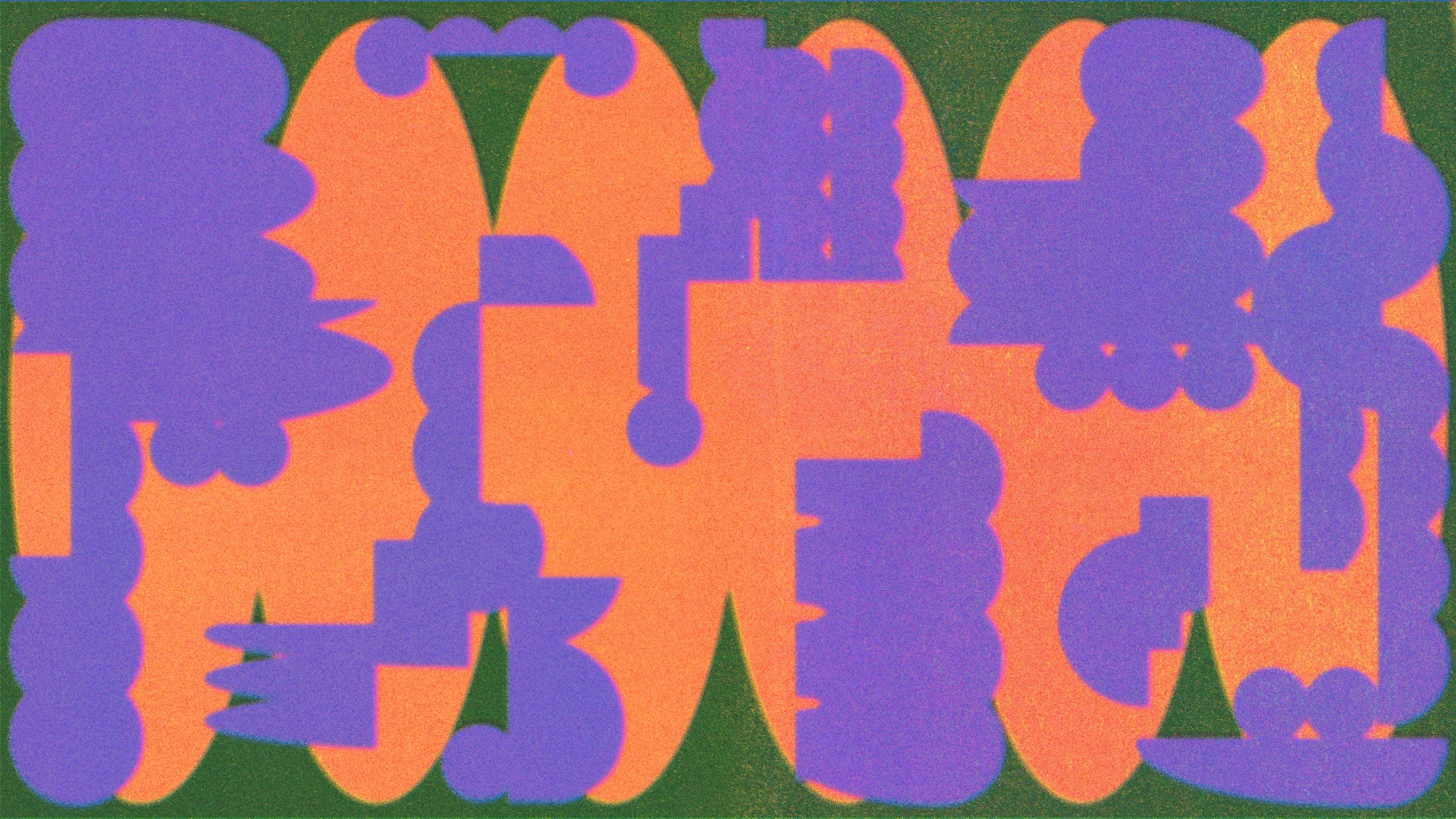 Abstract illustration of interlocking organic shapes in purple and orange on a dark green background.