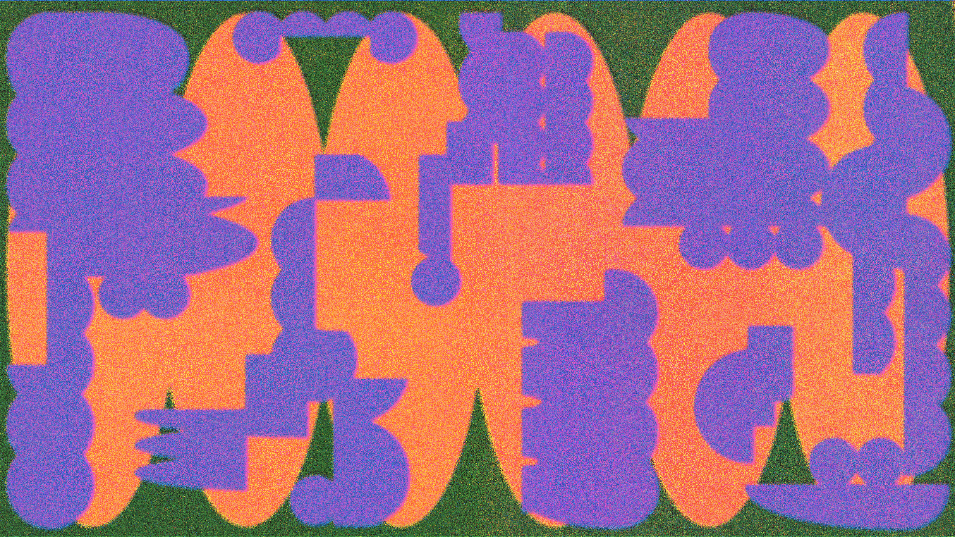 Abstract illustration of interlocking organic shapes in purple and orange on a dark green background.