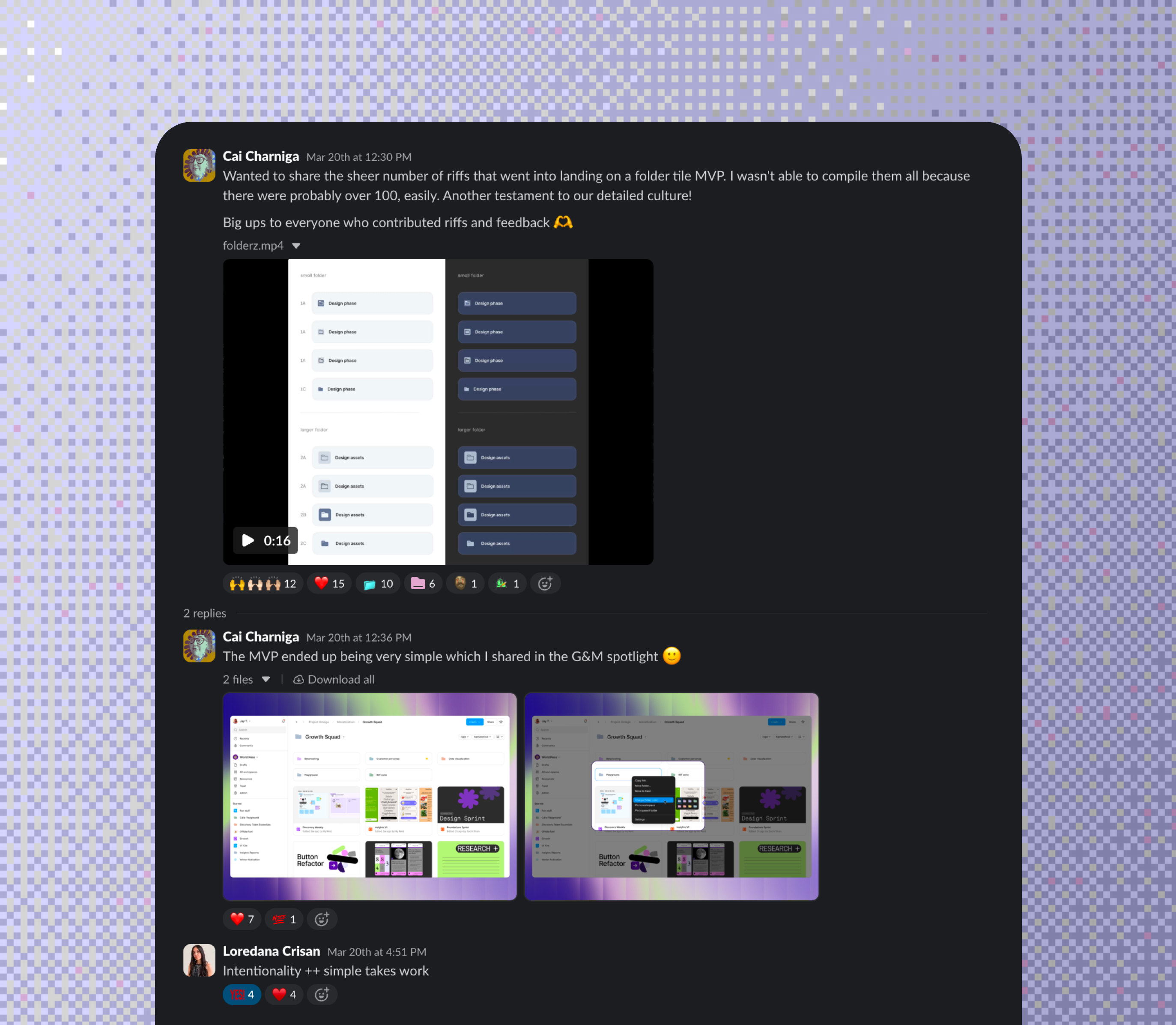 Screenshot of a Slack thread showcasing the design process for a folder feature, including prototype videos, UI screenshots, and team reactions.