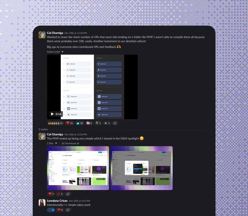Screenshot of a Slack thread showcasing the design process for a folder feature, including prototype videos, UI screenshots, and team reactions.