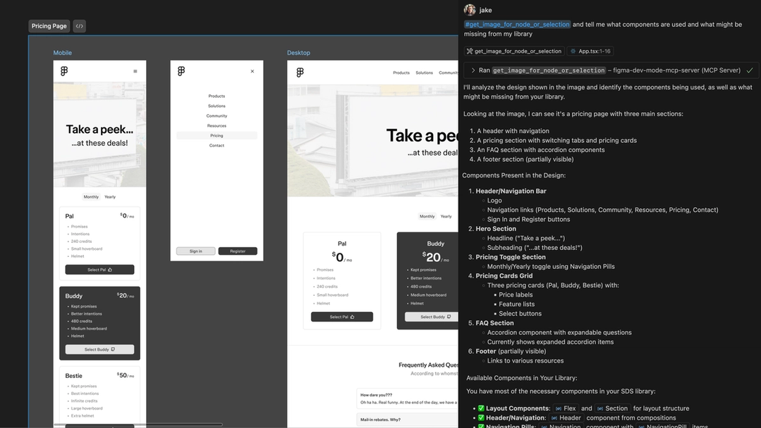 A screenshot of a layout design next to a GitHub Copilot chat interface. The output is a high level description of the design breaking it down into 15 named components with descriptions of what they represent.