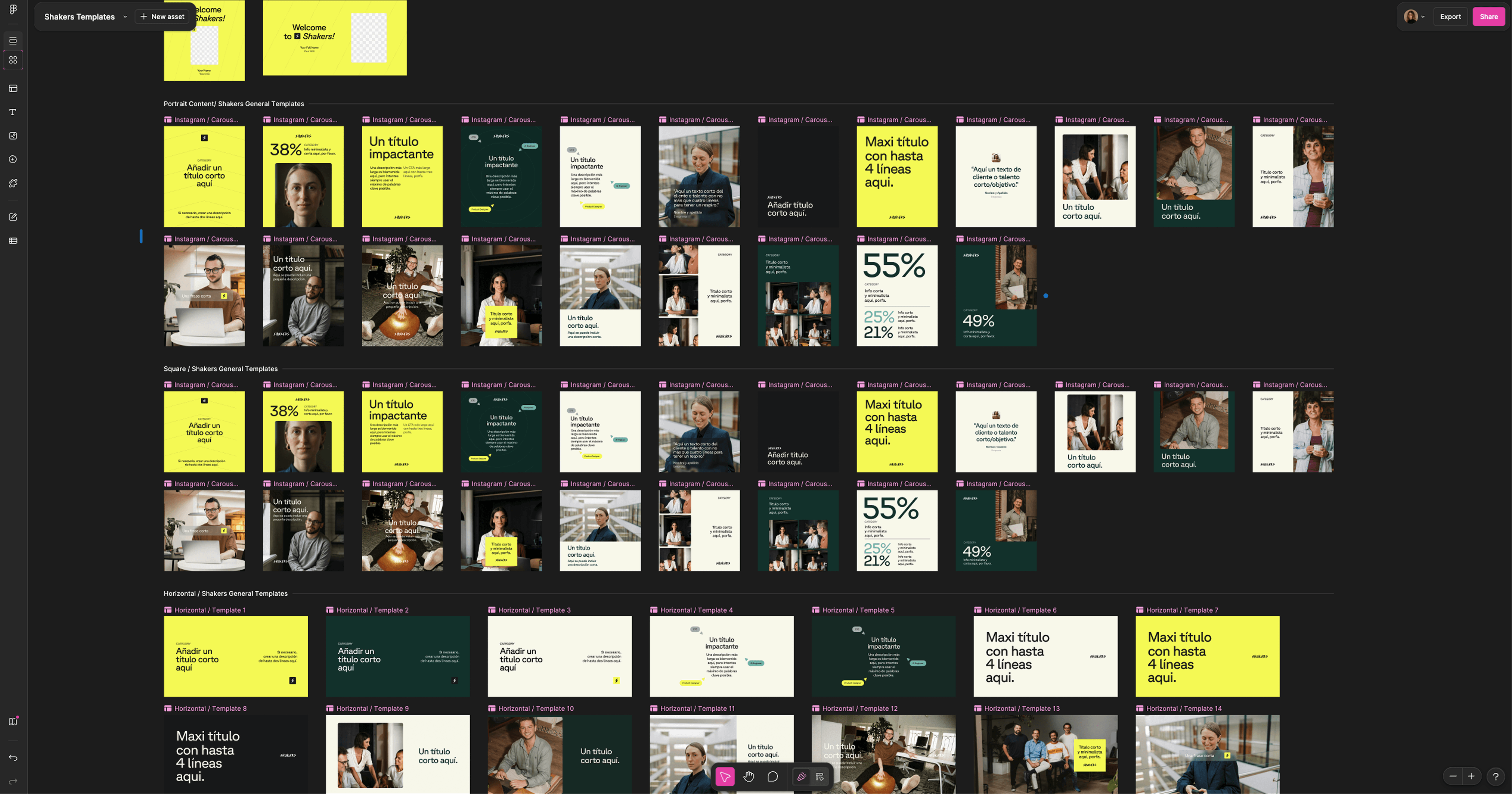 A screenshot showing numerous Shaker publication templates on a black background, featuring bright yellow, dark green, and black.