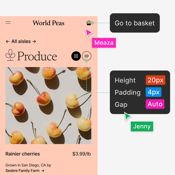 Deux curseurs de collaborateurs en train de visualiser la hauteur, le remplissage et les annotations de décalage sur la page produit d'un site d'e-commerce.