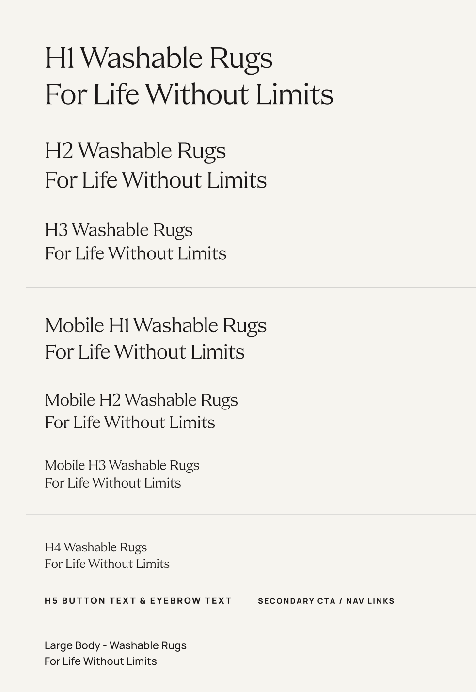 The text “washable rugs for life without limits” appears in H1, H2, H3, and H4 styles