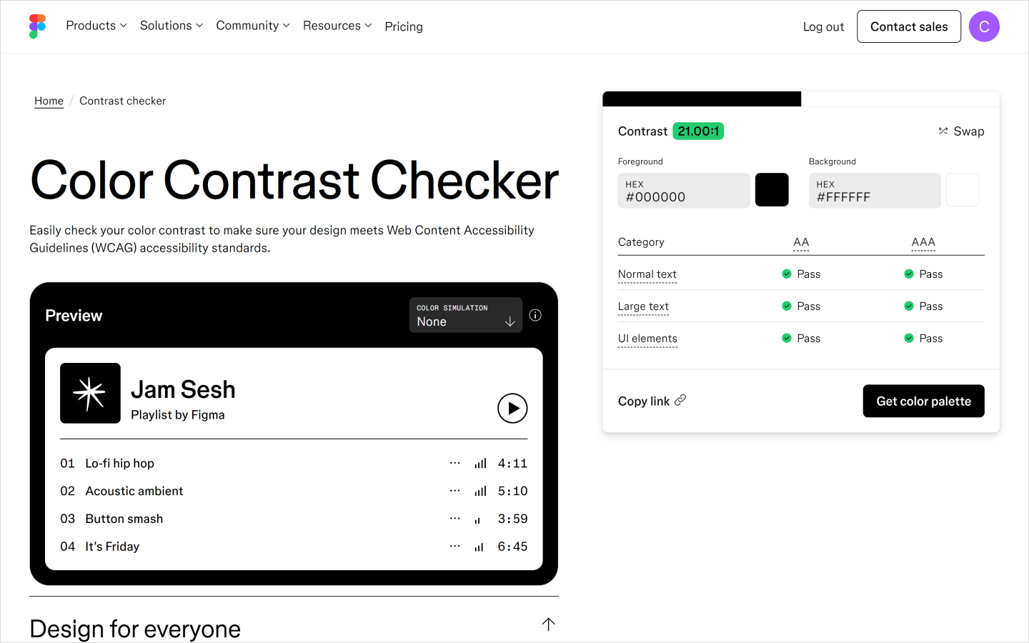 Screenshot of Figma’s Color Contrast Checker, showing a light blue against a pale yellow failing the check