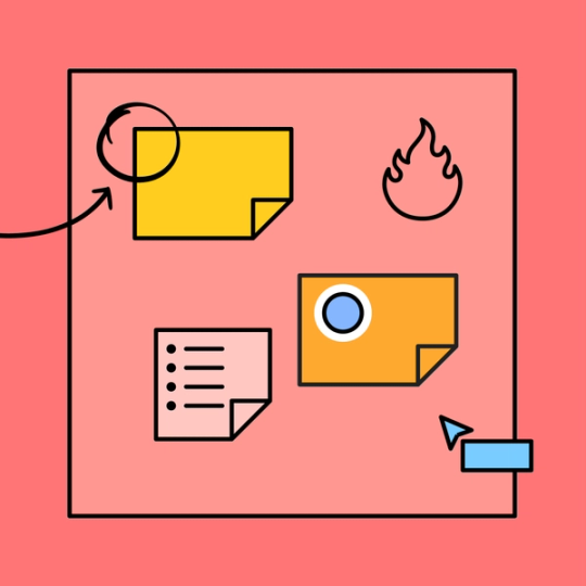 red document with colorful sticky notes and icons overlayed on top