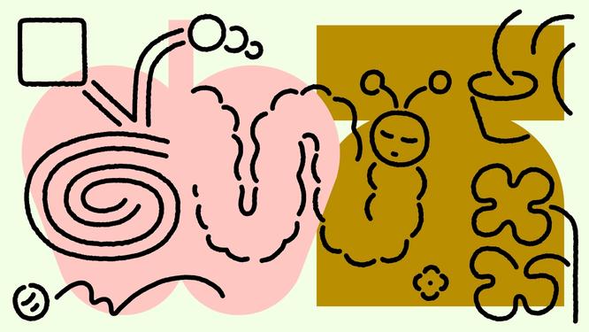 A playful abstract illustration featuring a variety of simple, hand-drawn shapes and figures on a pastel background. On the left, there is a spiral, a square, and other linear elements, while on the right, a caterpillar-like figure with a calm face, accompanied by floral and organic shapes. The background is composed of overlapping pink and mustard yellow blocks on a light green base, creating a whimsical and childlike scene.