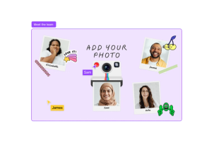 A section labeled "meet the team" featuring the photobooth widget and photos of team members