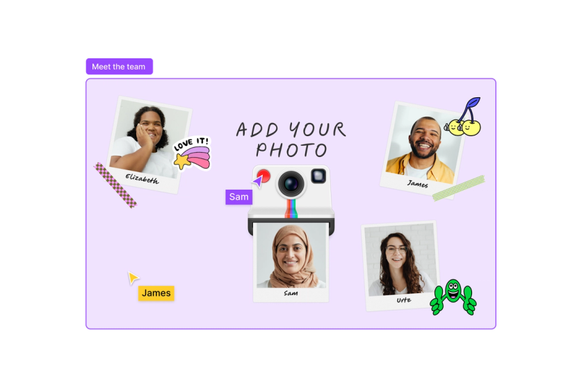 Uma seção chamada "Conheça a equipe" com um widget de fotos instantâneas e fotos dos membros da equipe