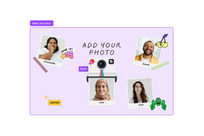 A section labeled "meet the team" featuring the photobooth widget and photos of team members