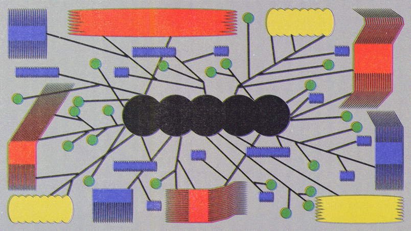 Abstrakte Illustration von miteinander verbundenen schwarzen Kreisen in der Mitte, mit dünnen schwarzen Linien, die sich zu grünen Punkten und bunten geometrischen Formen verzweigen. Die Formen umfassen rote, gelbe, blaue und mehrfarbige Formen mit kammartigen Texturen, die symmetrisch auf einem grauen Hintergrund angeordnet sind.