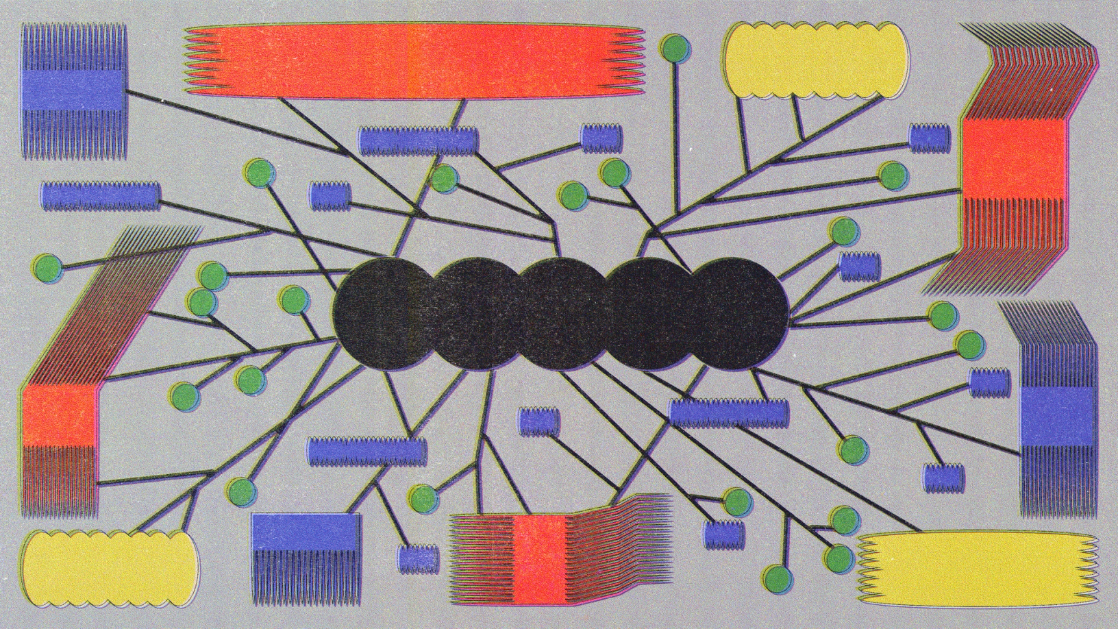 Abstract illustration of interconnected black circles at the center, with thin black lines branching out to green dots and colorful geometric shapes. The shapes include red, yellow, blue, and multicolored forms with comb-like textures, arranged symmetrically on a gray background.