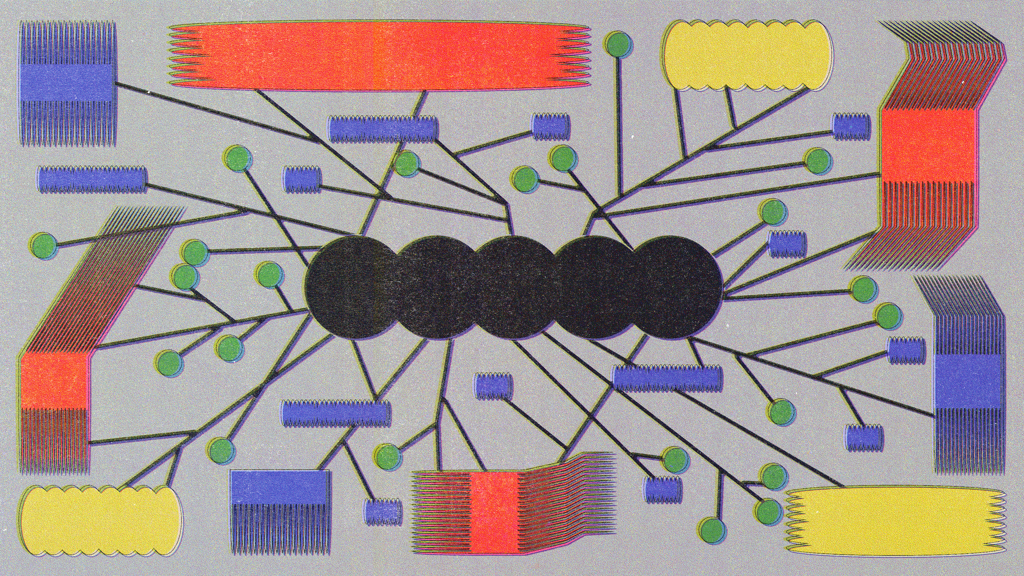 Abstract illustration of interconnected black circles at the center, with thin black lines branching out to green dots and colorful geometric shapes. The shapes include red, yellow, blue, and multicolored forms with comb-like textures, arranged symmetrically on a gray background.