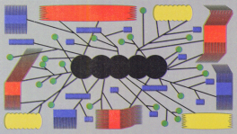 Abstract illustration of interconnected black circles at the center, with thin black lines branching out to green dots and colorful geometric shapes. The shapes include red, yellow, blue, and multicolored forms with comb-like textures, arranged symmetrically on a gray background.