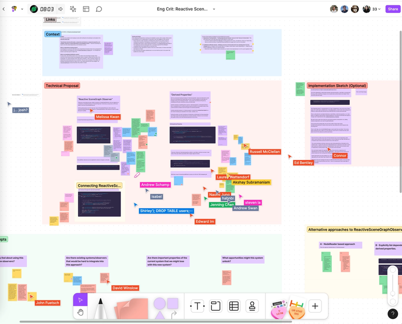 Many cursors float around a FigJam with many sections and sticky notes.