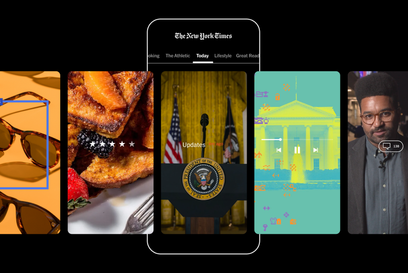 A mockup shows how users swipe through several verticals including Today, The Athletic, and Lifestyle on the redesigned app.