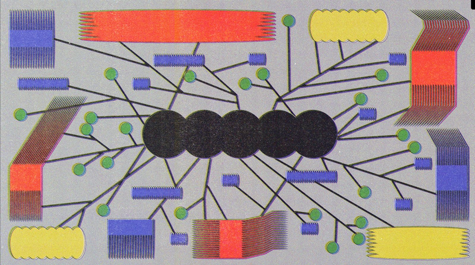 Abstract network diagram with black circles connected by lines to colorful blocks and green nodes on a gray background.
