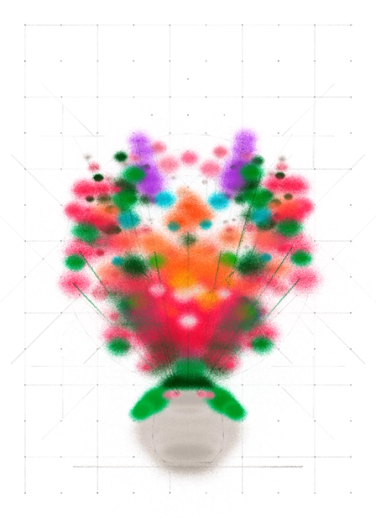 Symmetrical abstract bouquet of colorful, speckled flowers in a small pot, set against a faint grid background.
