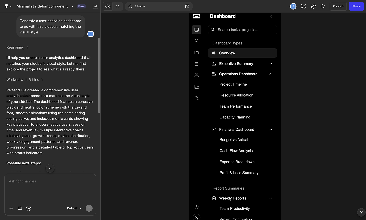 A user prompting Figma Make to generate a user analytics dashboard, with the resulting mockup.