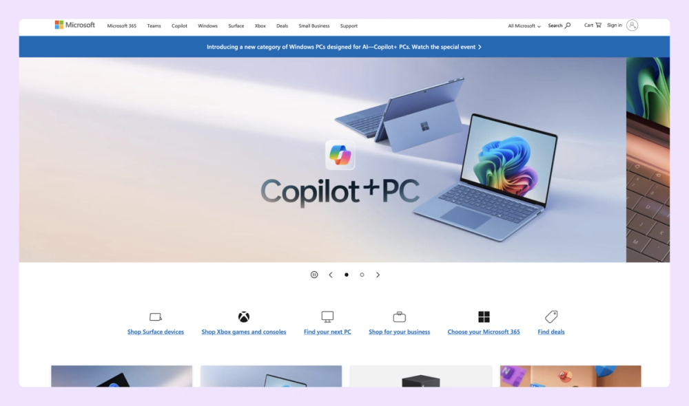 Screenshot of Microsoft's homepage showing their color scheme