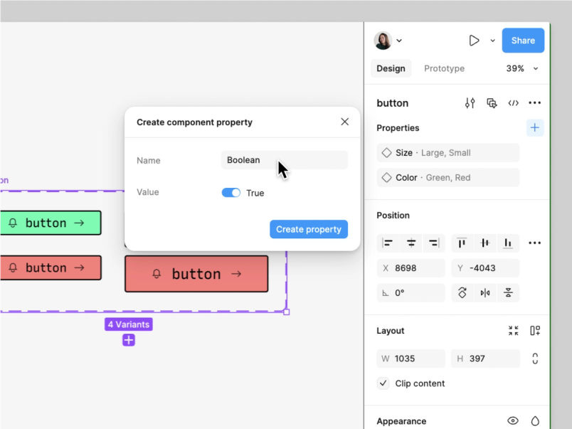 A Figma interface shows the process of creating a component property named "Boolean," with a toggle set to "True," alongside a button component set with color and size properties.