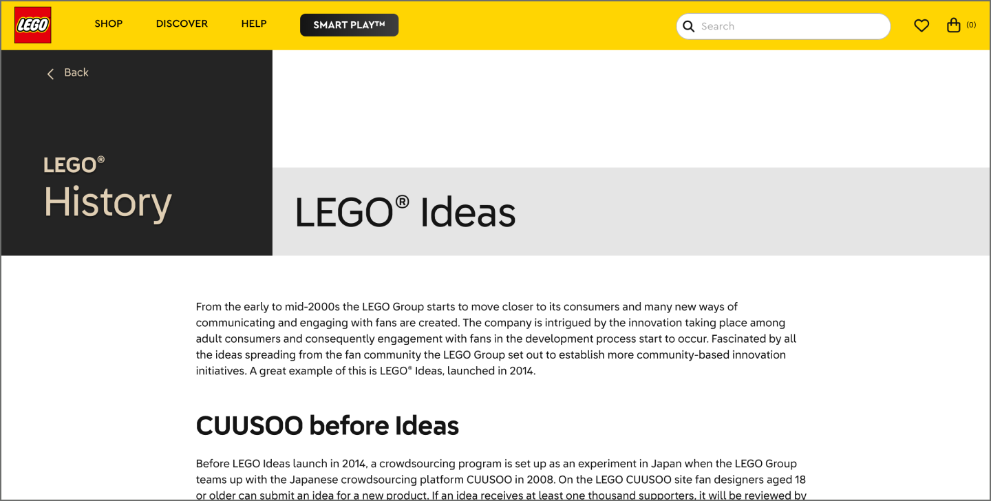 Screenshot of LEGO’s website, showing a description of LEGO Ideas