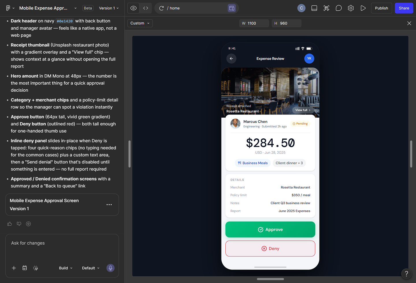 A screenshot shows a Figma Make interface of a mobile expense approval screen for a finance app based on a prompt.