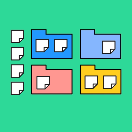 four colorful folders with sticky notes overlayed on top and surrounding each folder