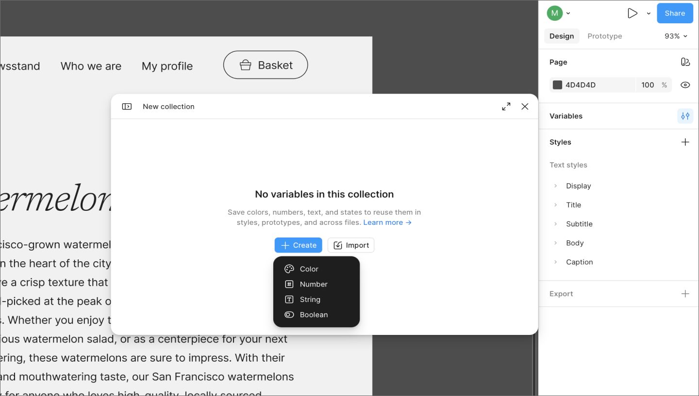 The Figma Local variables panel showing the “Create variable” option.