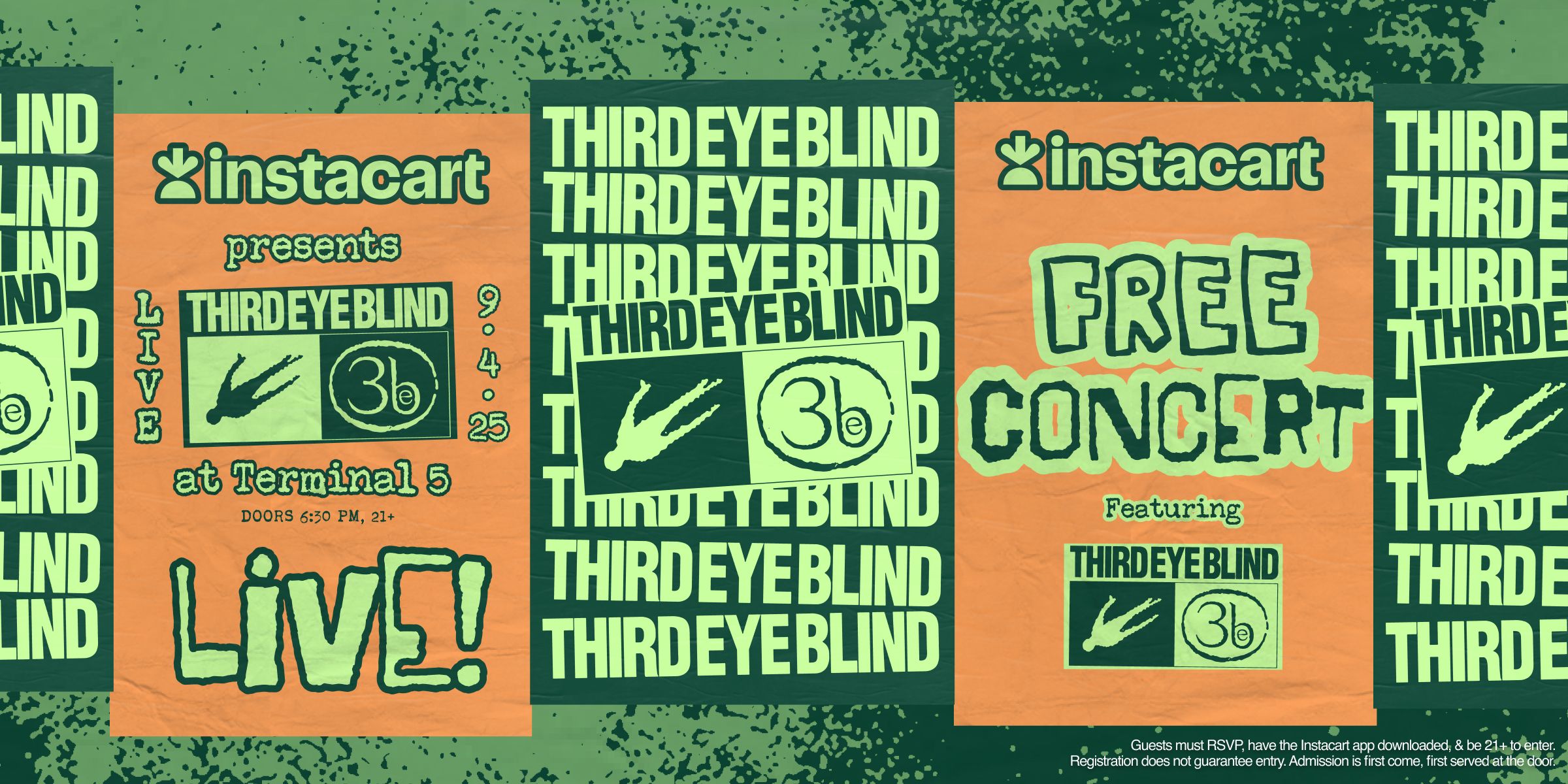 Instacart poster with bold retro fonts and green and orange colors, promoting a free Third Eye Blind concert at Terminal 5, September 4, 2025.