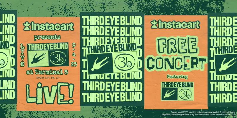 Instacart poster with bold retro fonts and green and orange colors, promoting a free Third Eye Blind concert at Terminal 5, September 4, 2025.