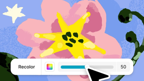 A vectorized flower illustration with a Recolor control open, showing a slider being adjusted to change color intensity.
