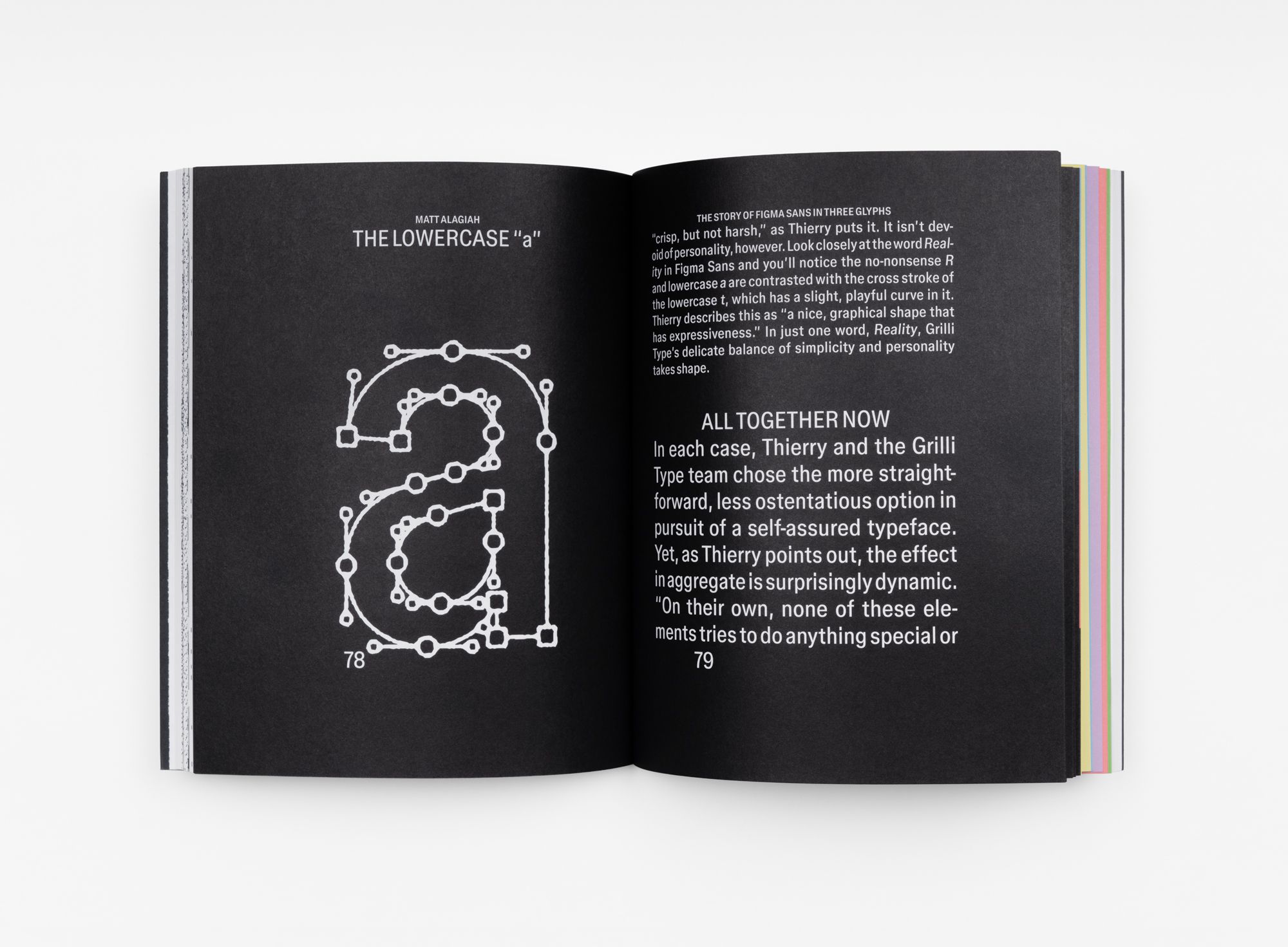 A book spread shows a diagrammatic breakdown of a lowercase "a" glyph on the left and a discussion of typographic design choices on the right, set against a black background.