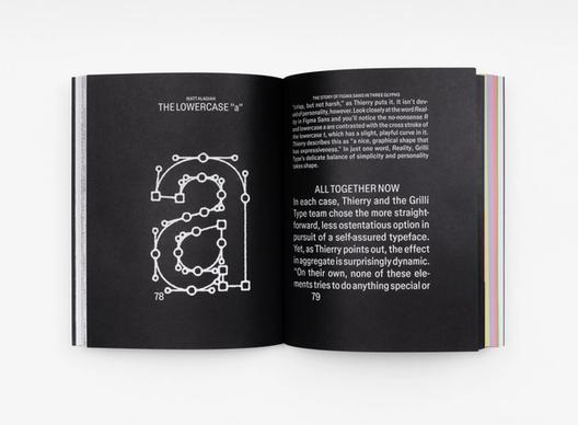 A book spread shows a diagrammatic breakdown of a lowercase "a" glyph on the left and a discussion of typographic design choices on the right, set against a black background.