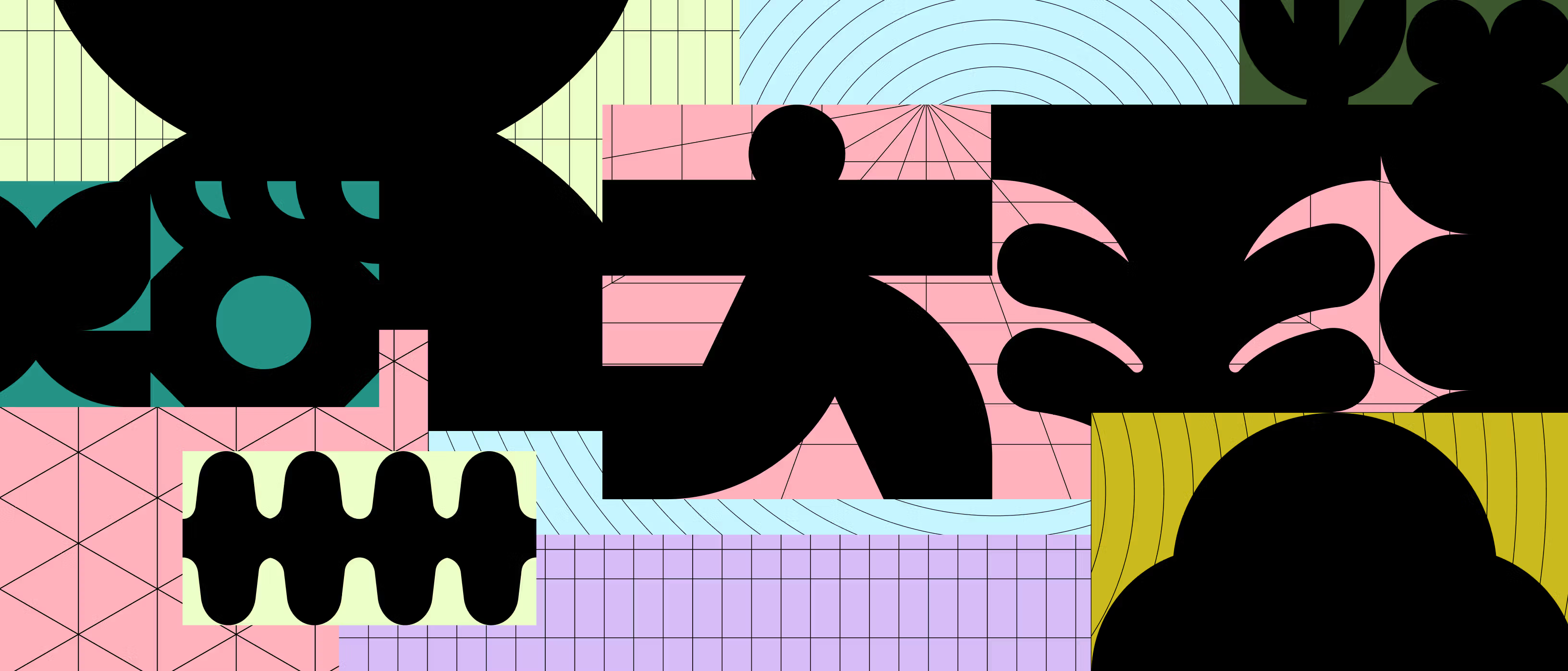 Abstract shapes on a pink, purple, and green background.