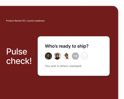 A dark red slide with the heading "Pulse check!" and a poll asking, "Who's ready to ship?" User avatars are shown with a checkmark indicating their votes.