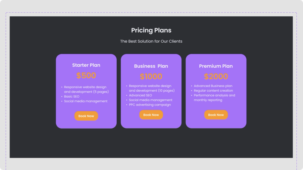 Screnshot of pricing plan mockup