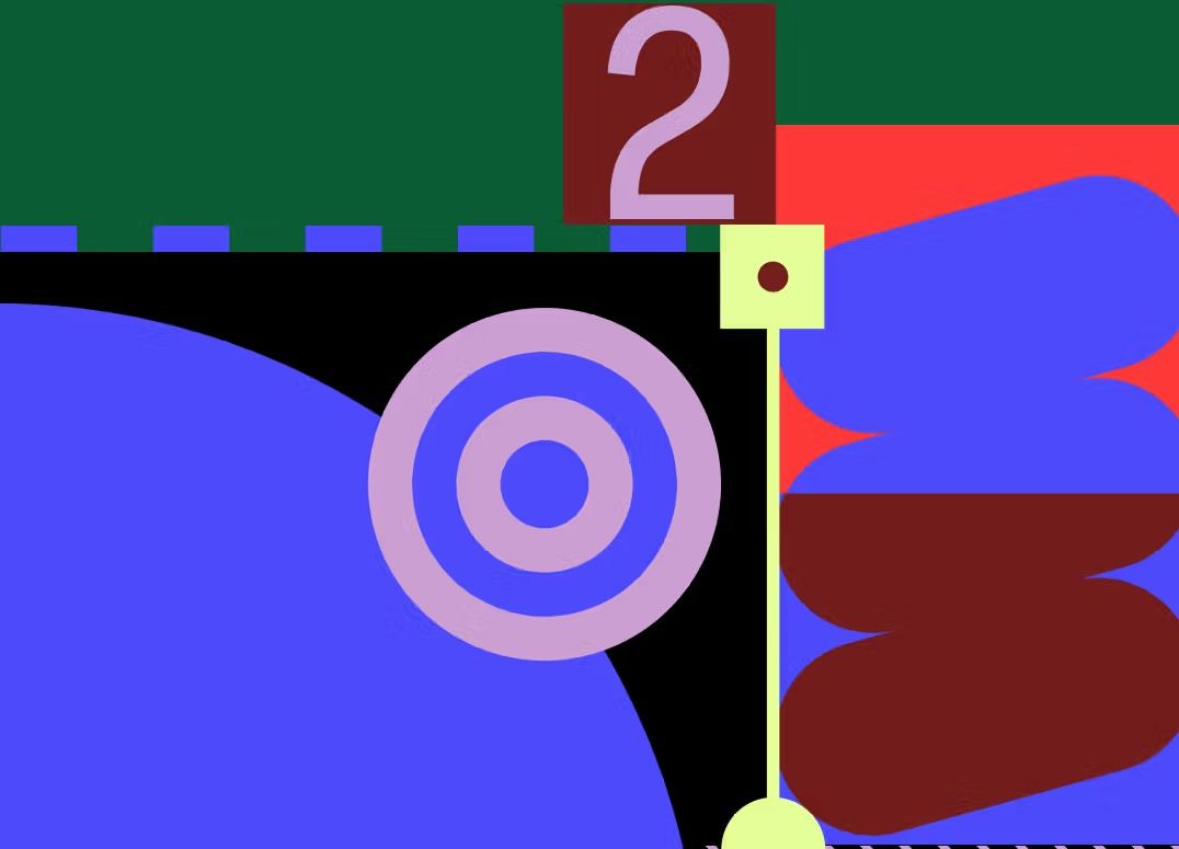 Abstract graphic with geometric shapes in bold colors. A large purple quarter-circle and concentric rings appear on the left, a red square with a lavender number '2' sits at the top center, and a vertical yellow line connects circular and square nodes. The background includes dark green, black, red, and purple rectangles, with additional shapes in blue and maroon layered throughout.