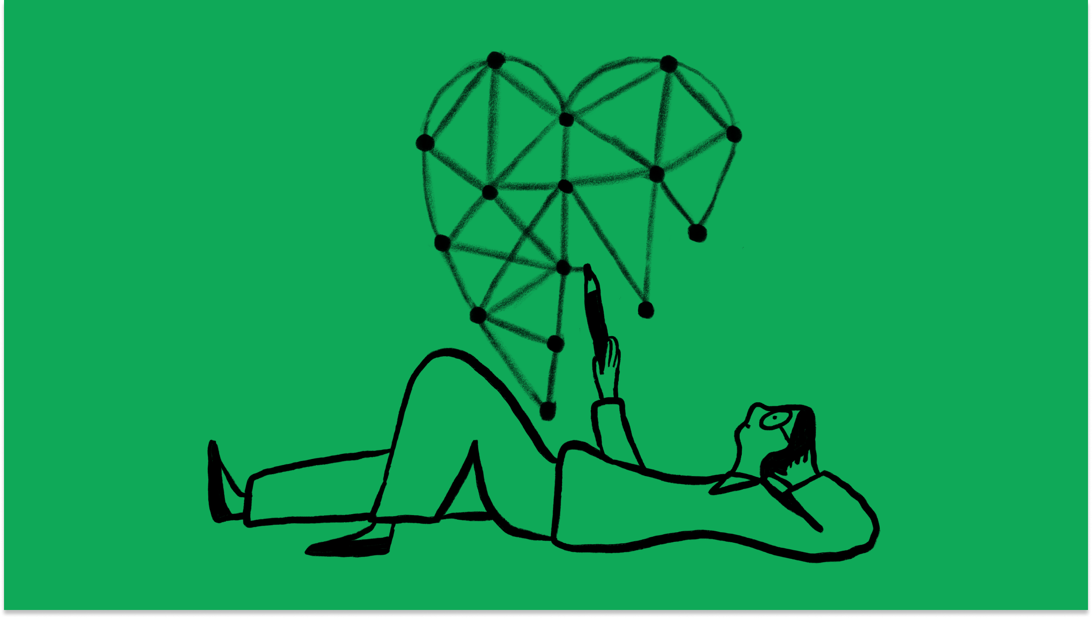 An illustration of a person lying on their back, connecting dots in the air to draw a heart