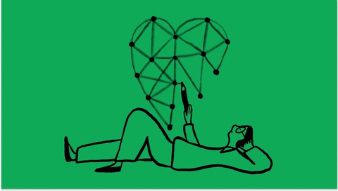 An illustration of a person lying on their back, connecting dots in the air to draw a heart