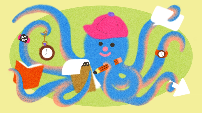 A blue octopus wearing a pink hat and multiple watches, surrounded by objects held in its tentacles: a stopwatch, a notebook, a pencil. The octopus is cheerful and set against a green background.