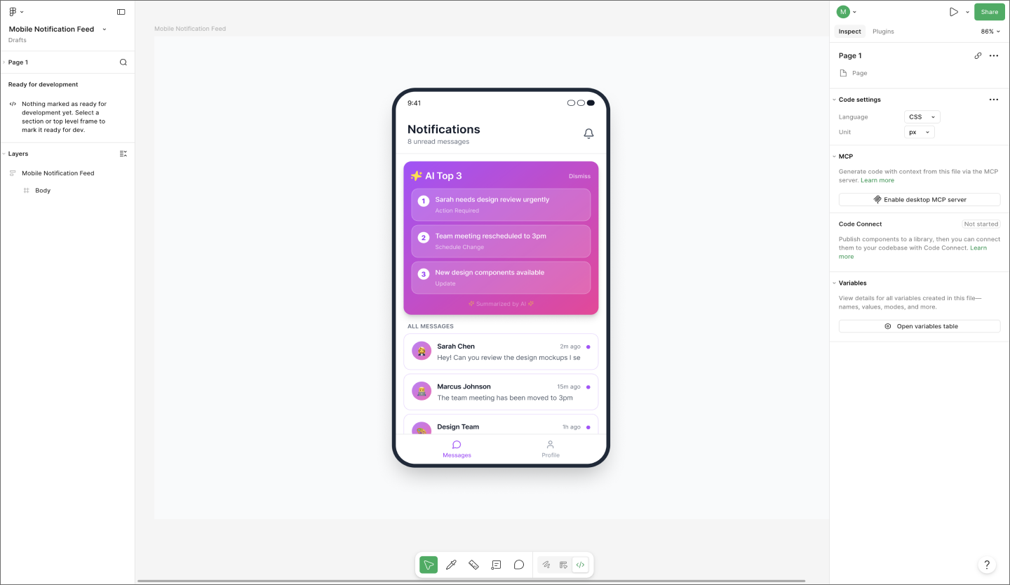 A Figma Make prototype open in Dev Mode, showing CSS properties, variable values, and component specs.