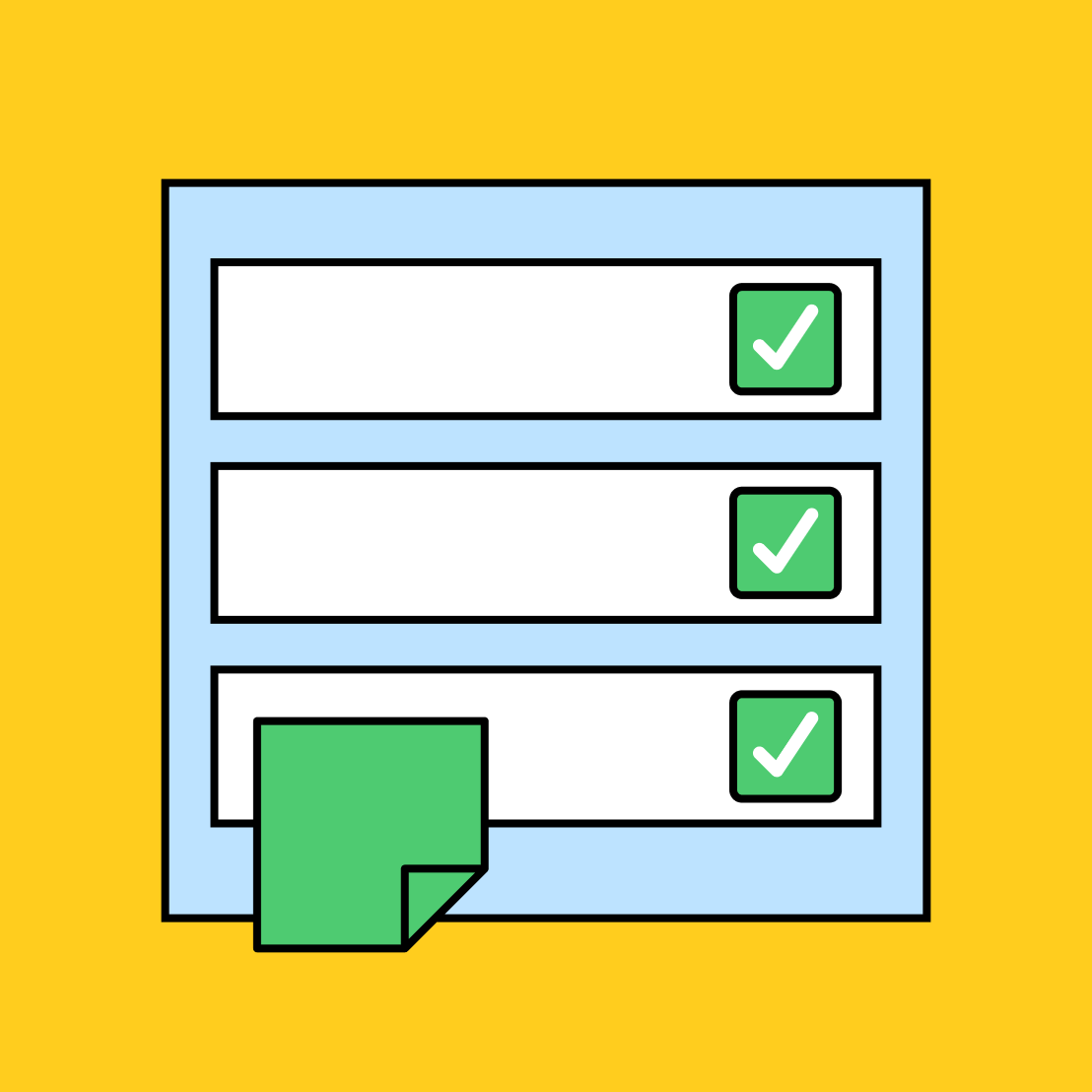 three rows of white rectangles with green checkmarks