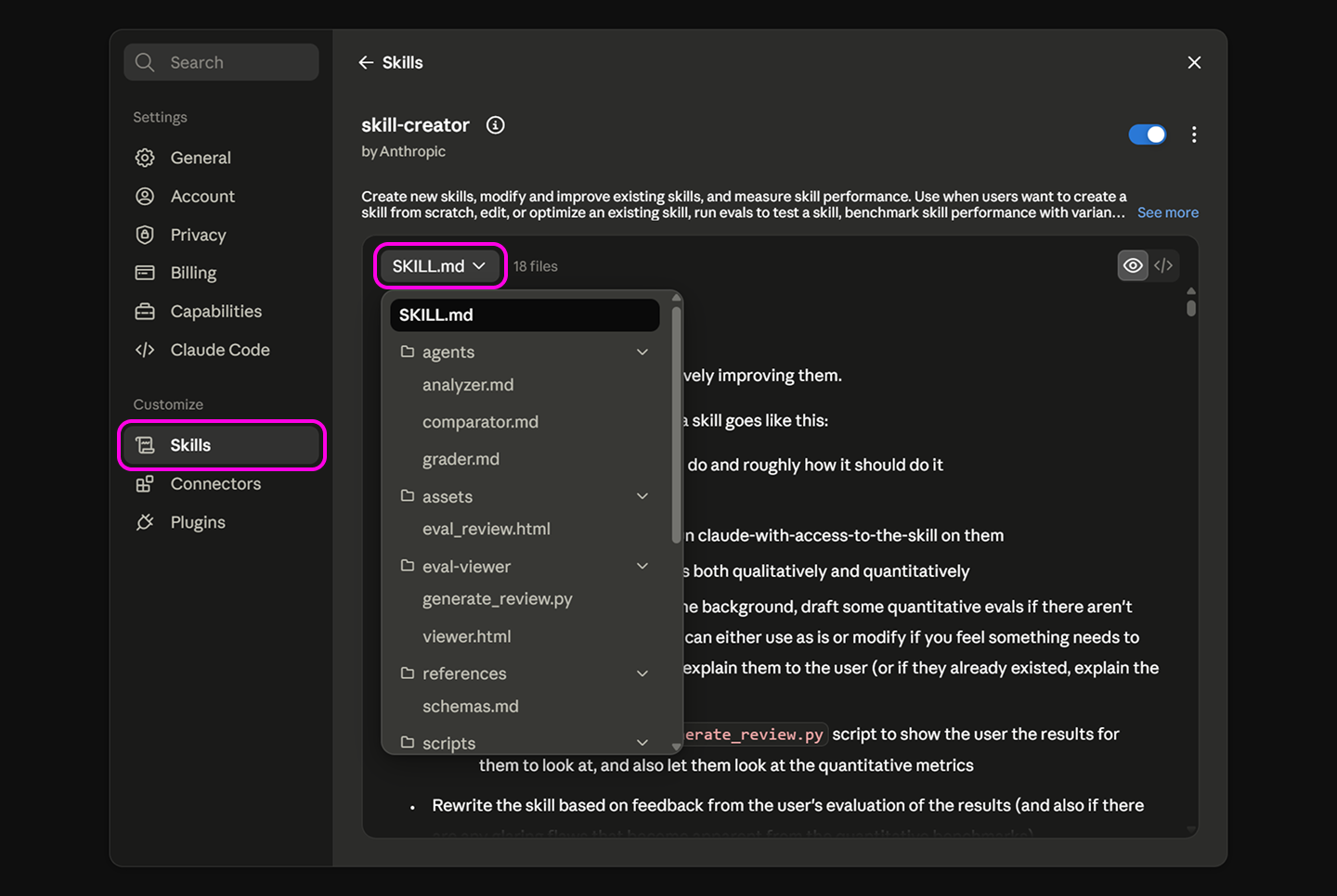 Claude Code Skills panel showing a skill's file structure with SKILL.md and subfolders visible.