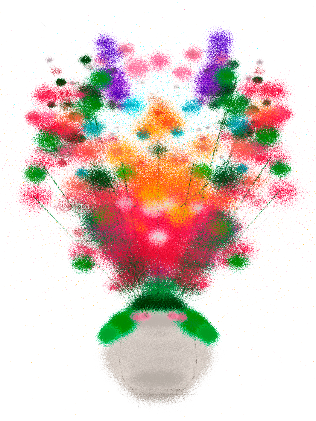 Dreamlike bouquet of colorful fuzzy flowers arranged in a small white vase.