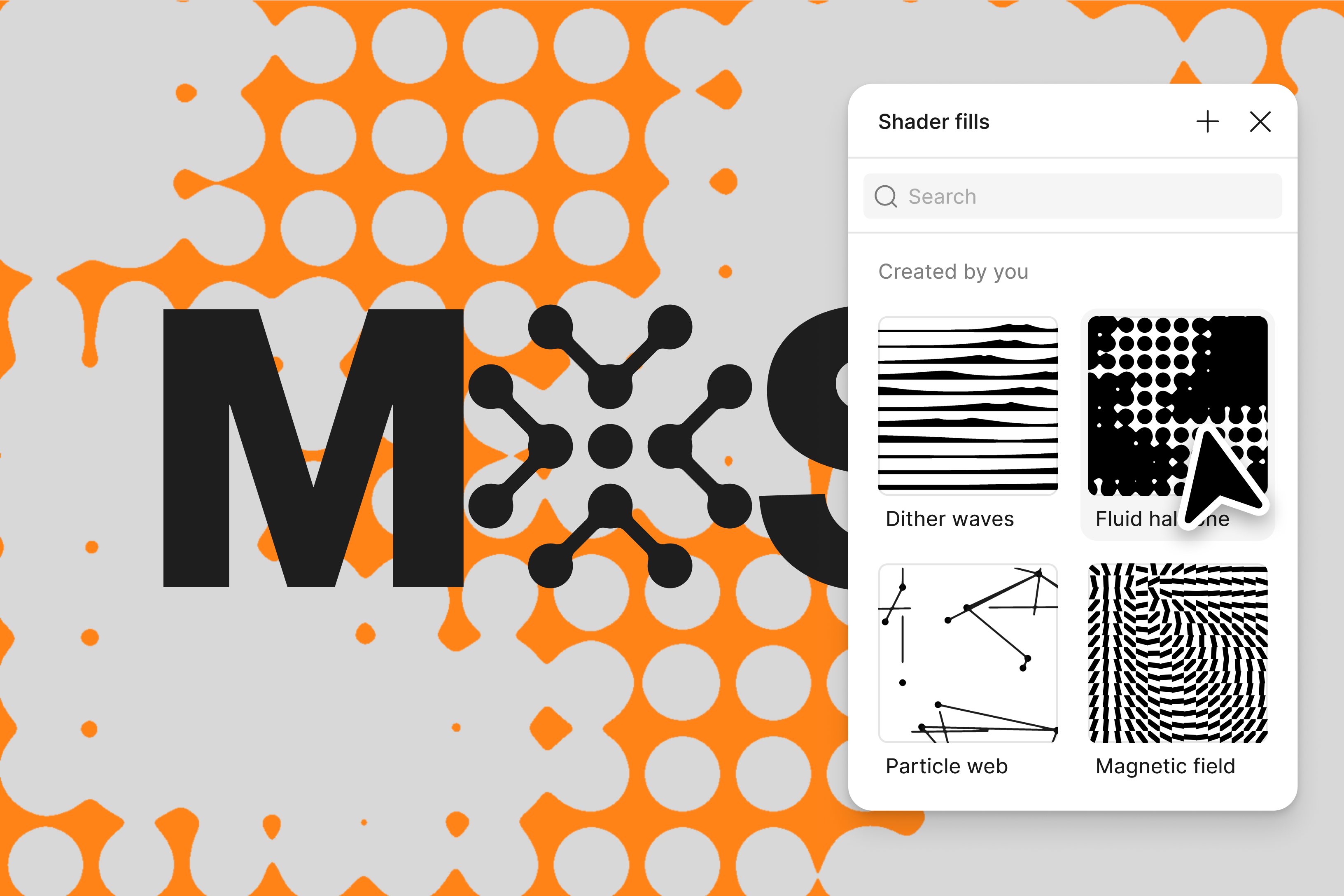 Figma interface showing a “Shader fills” library panel beside a graphic composition of black typography and orange-and-gray halftone patterns. The panel displays custom shader presets including Dither waves, Fluid halftone, Particle web, and Magnetic field, with a cursor selecting a preset.